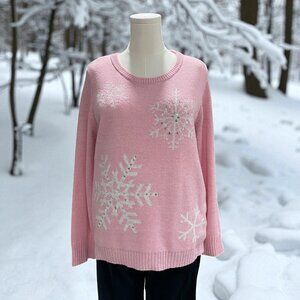 Pink Snowflake Sequin Sweater Womens XL Winter Holiday Christmas Cozy Knit Top